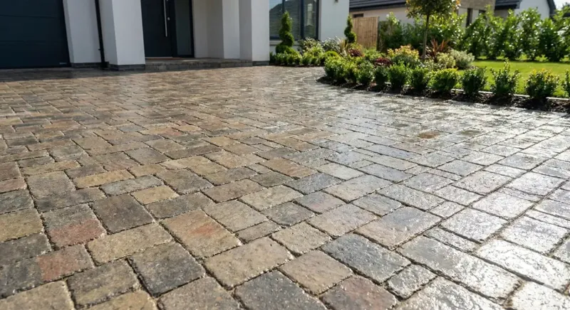 Neu verlegte Pflastersteine als Gartenweg