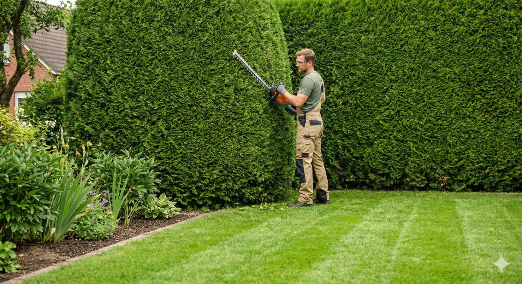 Gepflegter Garten mit frisch gemähtem Rasen und gestutzten Hecken