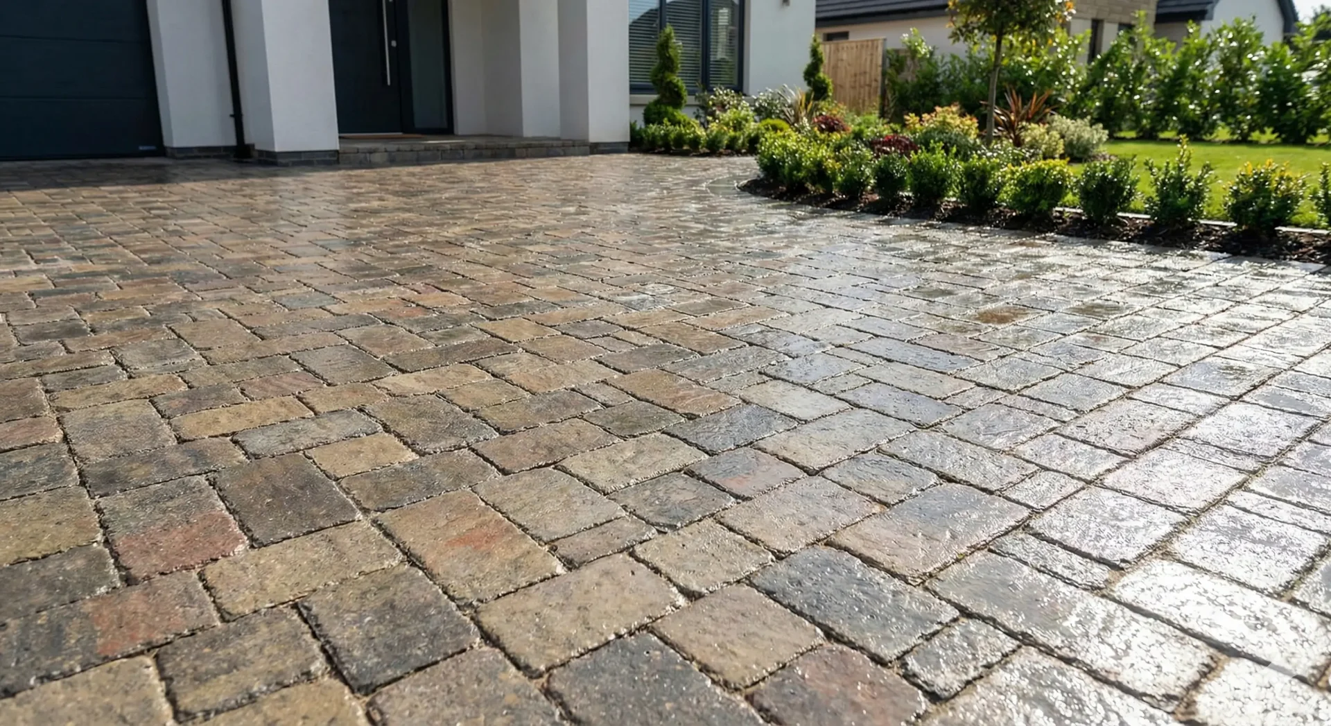 Neu verlegte Pflastersteine als Gartenweg