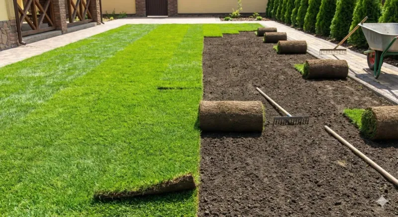Frisch angelegter Rollrasen in einem Neubaugarten